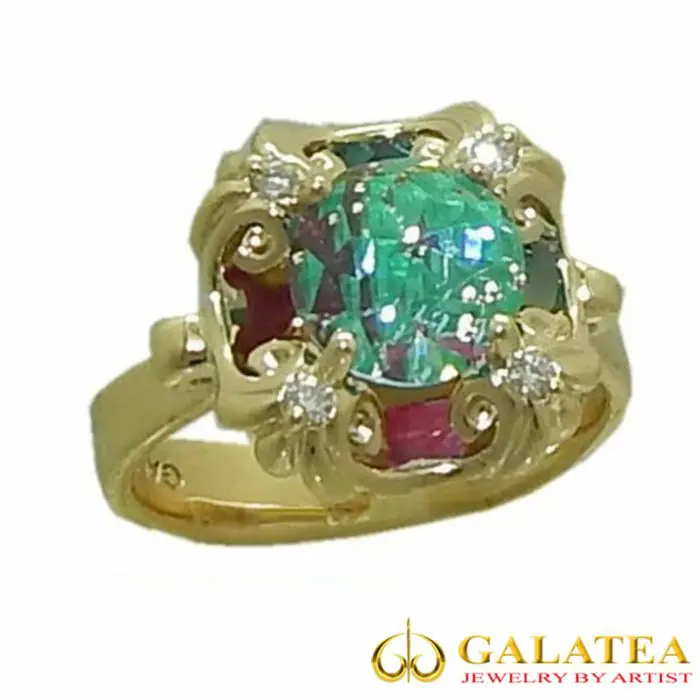 Blue Topaz Ring (DaVinchi Cut) with Rubies & Emeralds