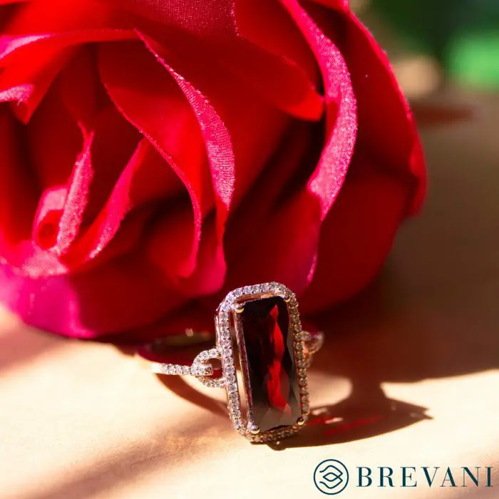 Garnet Ring – 4 carat custom cut garnet with diamonds